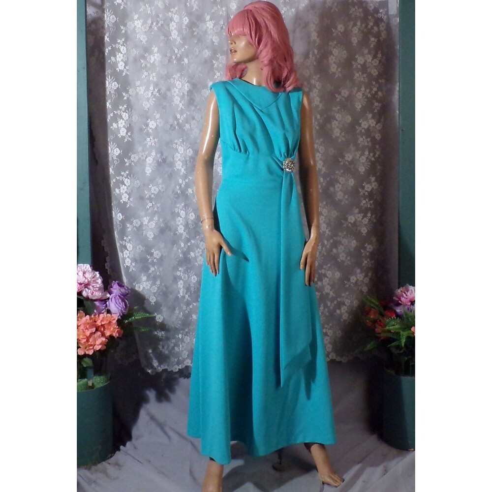 Vintage 60s Aqua Blue Maxi Dress Mod Glam Evening Gown Sleeveless Formal Size M